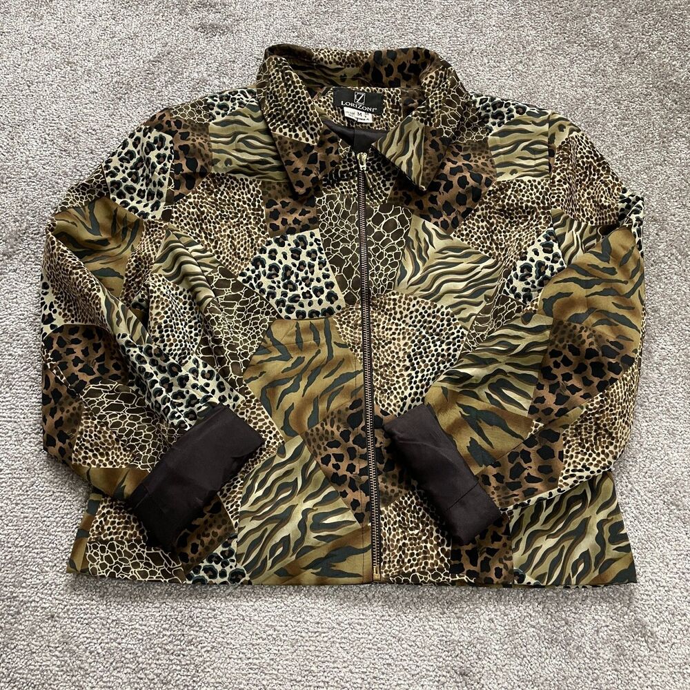Lorizoni Vintage Jacket Coat Womens Medium Brown Animal Print Full Zip Lined